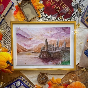 Cartão postal Wizard Magic World Print A5 - Castelo da escola Sunset Magic com fenix e ouro
