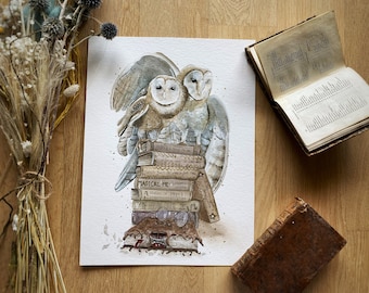 ORIGINAL WATERCOLOR DRAWING Wizard Magic World - Owls above stack of Magic School books with gold