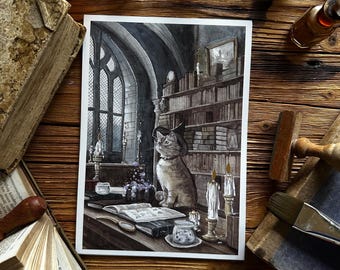 Wizard Magic World Print A5 Postcard - Transfiguration classroom with Professor Cat Witch with gold insert