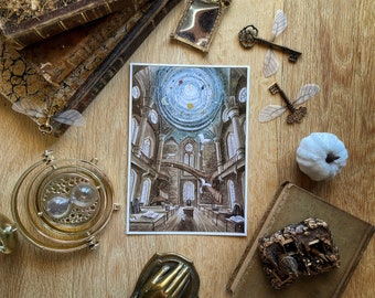 Wizard Magic World Print A5 Postcard  - Magical school astronomy tower, high library and students studying with gold