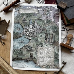 Può includere: Una mappa ad acquerello dettagliata di un castello fantasy e del paesaggio circostante, con un elenco di luoghi. La mappa presenta sfumature di blu, verde e grigio, con un castello al centro. La mappa è circondata da accessori antichi.