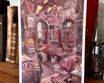 Wizard Magic World Print A5 Postcard - shared dormitory - red and yellow - magic castle with gold inserts