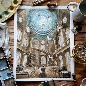 Puede incluir: Pintura acuarela de una gran sala ornamentada con un techo alto y un cielo azul estrellado pintado en la cúpula. La sala está llena de estanterías y escritorios, y hay personas sentadas en los escritorios leyendo.
