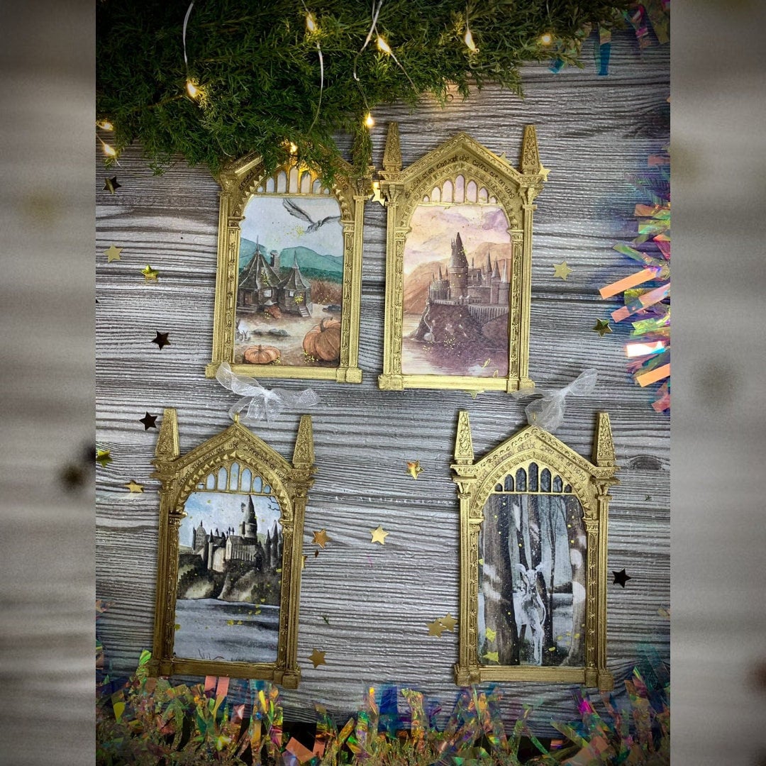 Wizard Magic World Christmas Ornament - magic school Castle, the Hut, Patronus, Train, Schools, Mirror of Erised with hand gold insert