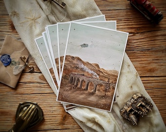 Vykort i A5-stil med Magic World-motiv - Magic Express-tåg och Ford Anglia - Höst- och Halloween-vibbar med guldfärgad insats