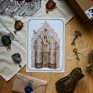 Carte postale Wizard Magic World Print A5 - Série Magic Shop - Wand Shop avec de l'or