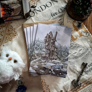 Wizard Magic World Christmas greeting cards - 5 x card - one design - owl with snow , house with five envelopes