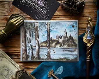 Wizard Magic World Print A5 briefkaart - Magisch schoolkasteel in hout en bladgoudfolie