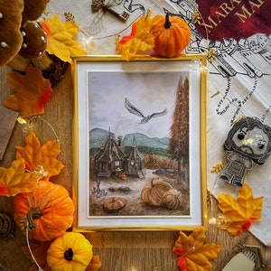 Cartão postal Wizard Magic World Print A5 - Escola de Magia - a cabana, vibrações de outono e abóboras de Halloween com inserção dourada