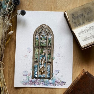 ORIGINAL WATERCOLOR DRAWING Wizard Magic World - Stained glass window from Prefects&#39; bathroom, Mermaid of Black Lake with gold