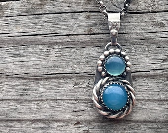 Handmade Blue Chalcedony Pendant Sterling Silver | Double Gemstone Necklace Pendant, Unique Gift for Her