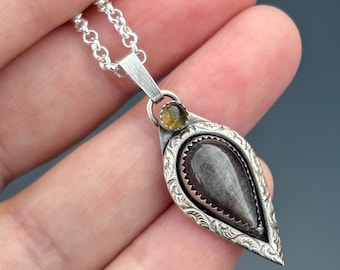 Elegant handmade silver pendant with obsidian and citrine – 925 sterling silver - Gift for her
