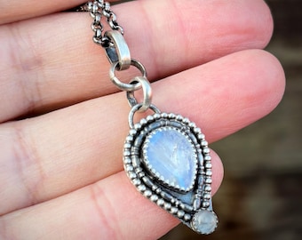 Moonstone Pendant Silver – Handmade Rainbow & White Moonstone Necklace – Boho Statement Jewelry – Gift for Her