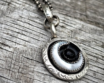 Black Onyx Moon Pendant Necklace Sterling Silver, Mother of Pearl Moon Necklace, Handmade Boho Jewelry Gift for Her, Artisan Silver Pendant