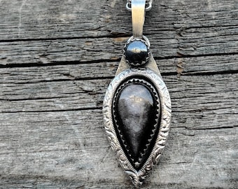Handmade Silver Obsidian & Hematite Pendant Sterling Silver | Unique Gemstone Necklace Pendant - Gift for Her