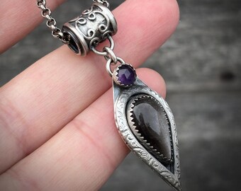 Obsidian Amethyst Pendant Silver – Handmade Gemstone Necklace – Boho Statement Jewelry – Gift for Her