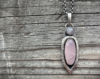 Handmade Sterling Silver Rose Quartz Pendant – Boho Silver Necklace – Natural Stone Jewelry – Unique Gift for Her