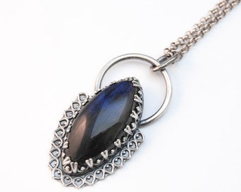 Handmade Labradorite pendant, sterling silver, blue flash pendant, gallery setting