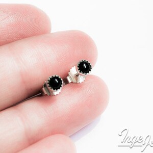 Handmade black Onyx stud earrings, sterling silver, 4mm cabochon, black studs, serrated bezel, post earrings, sterling silver earring set