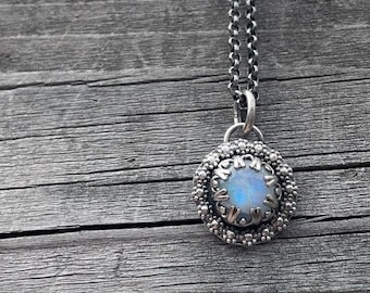 Moonstone Pendant Necklace Silver – Handmade Rainbow Gemstone Boho Jewelry – Sterling Silver Statement Pendant – Gift for Her