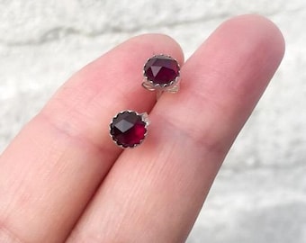 Handmade Sterling Silver Garnet Stud Earrings – Rose Cut 6mm Gemstone Earrings – Nickel Free Jewelry – Gift for Her
