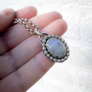 Handmade Rainbow Moonstone pendant, oxidized sterling silver, moonstone cabochon, scalloped setting, flower pendant