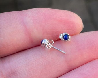 Handmade blue  Lapis Lazuli stud earrings, sterling silver, 3mm  Lapis cabochon, blue studs, serrated bezel, post earrings