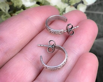 Handmade Sterling Silver Hoop Stud Earrings – Engraved Floral Leaf Hoops, Gift for Her