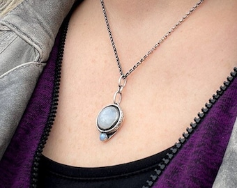 A beautiful handmade sterling silver Rainbow Moonstone pendant, engraved oxidized pendant