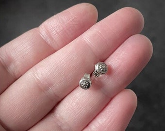 5mm pebble stud earrings with a little flower, oxidized sterling silver, handmade ear studs, post earrings, recycled sterling silver