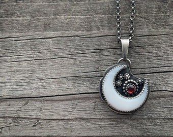 Unique Sterling silver handmade horn pendant with red Garnet and a white shell moon, ooak pendant