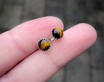 Elegant handmade beautiful Tiger's eye stud earrings, oxidized sterling silver, 6mm cabochon ear studs in a serrated setting