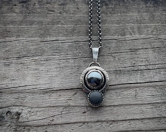 Sterling silver handmade pendant with two beautiful anthracite Hematite cabochons.