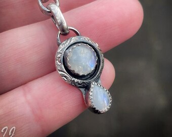 A beautiful handmade sterling silver Rainbow Moonstone pendant, engraved oxidized pendant