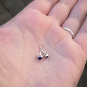 Handmade blue Lapis Lazuli stud earrings, sterling silver, 3mm Lapis cabochon, blue studs, serrated bezel, post earrings image 3