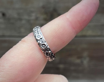 Handmade Engraved Floral Sterling Silver Ring – Vintage Look Stacking Ring