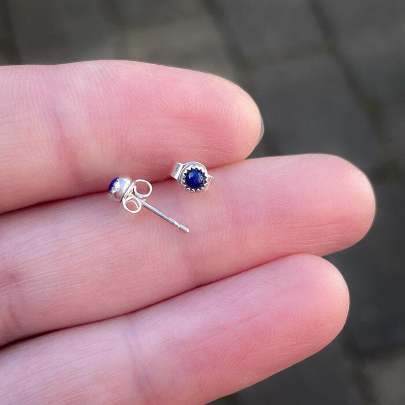 Handmade blue Lapis Lazuli stud earrings, sterling silver, 3mm Lapis cabochon, blue studs, serrated bezel, post earrings image 4