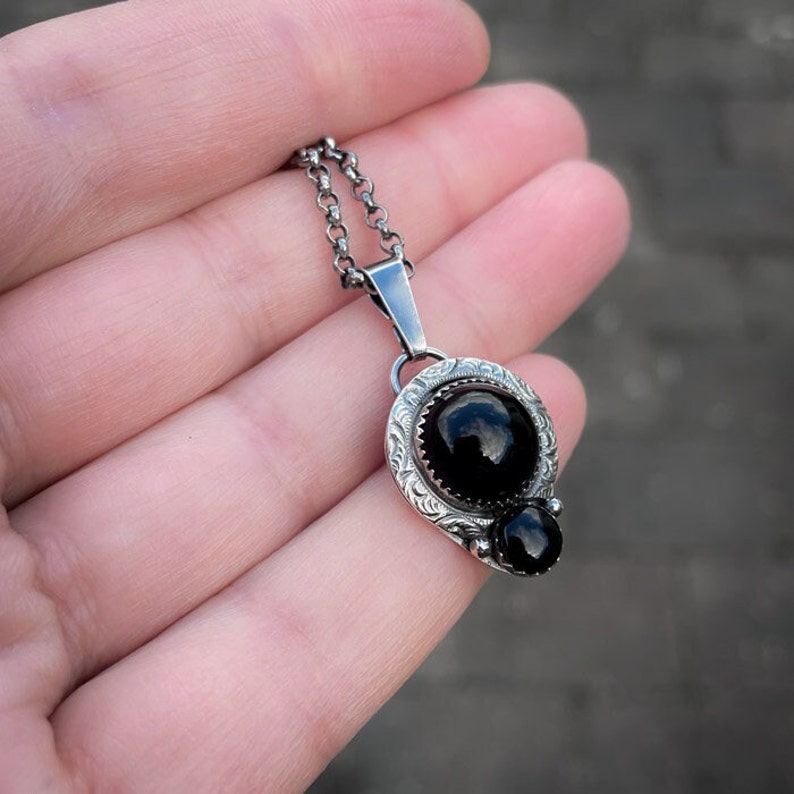 Sterling silver handmade pendant with two beautiful black Onyx cabochons. image 5