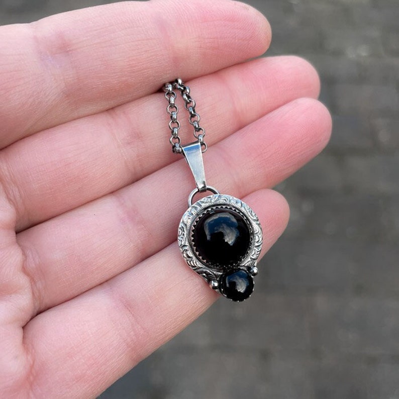 Sterling silver handmade pendant with two beautiful black Onyx cabochons. image 3