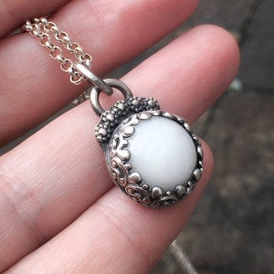 Handmade white Jade  pendant, oxidized sterling silver, 14mm cabochon, gallery wire setting, flower pendant