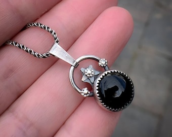 Handmade Sterling Silver Black Onyx Pendant – Boho Silver Necklace – Natural Stone Jewelry – Unique Gift for Her