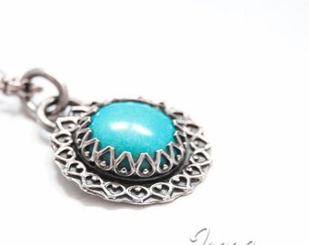 Handmade turquoise Howlite pendant, oxidized sterling silver, 14mm cabochon, crown bezel, gallery wire setting