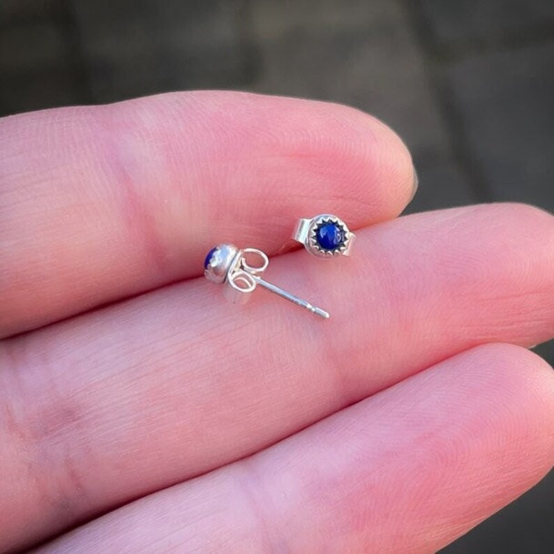 Handmade blue Lapis Lazuli stud earrings, sterling silver, 3mm Lapis cabochon, blue studs, serrated bezel, post earrings image 1