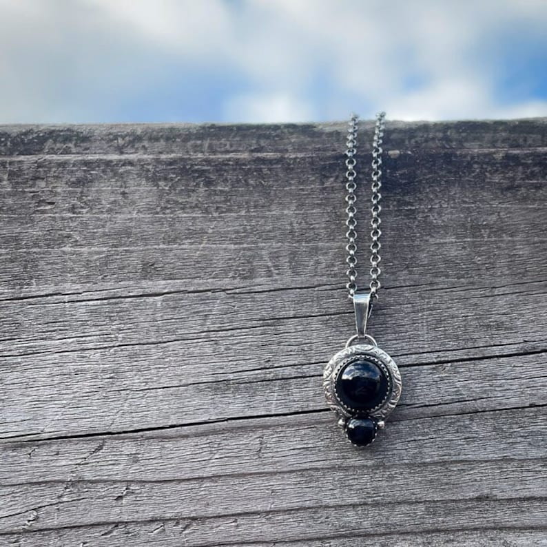 Sterling silver handmade pendant with two beautiful black Onyx cabochons. image 2