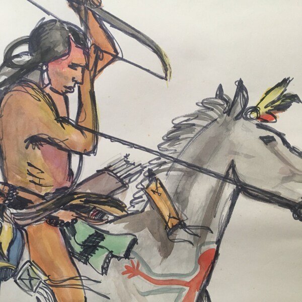 Vintage Watercolor Indian & Horse Painting