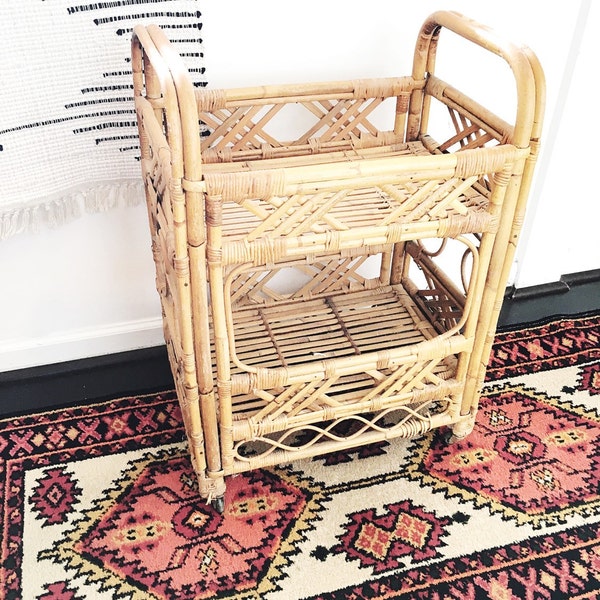 RESERVED for Ashley: Boho Vintage Small Rattan Bar Cart