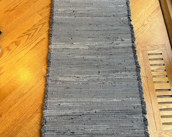 Denim rug, Gray denim, Denim rag rug, Blue jean rug, Blue jeans, Hand woven rug,  48" X 19", kitchen rug, mudroom rug, bathroom rug