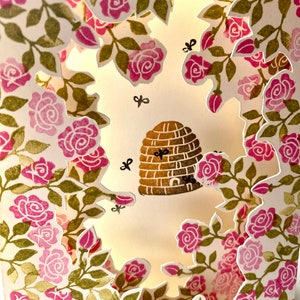Stempel Rosen, Bienenkorb, Blumenkranz, handgeschnitztes Stempelset, Hochzeit, Geschenkanhänger