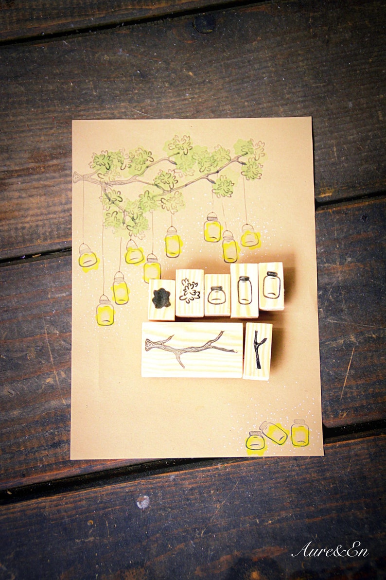 Fireflies Tree Stamp Set, hand-carved image 2