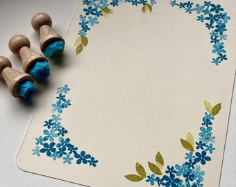 Timbre myosotis, couronne florale, ensemble de timbres sculptés à la main, mariage, étiquette cadeau